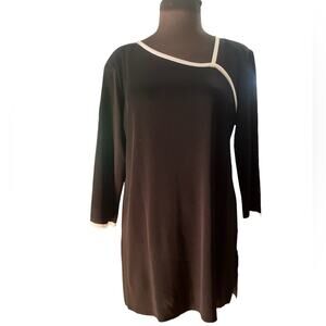 Exclusively Misook Black Stretch Knit White Trim Asymmetric Neckline Tunic Top